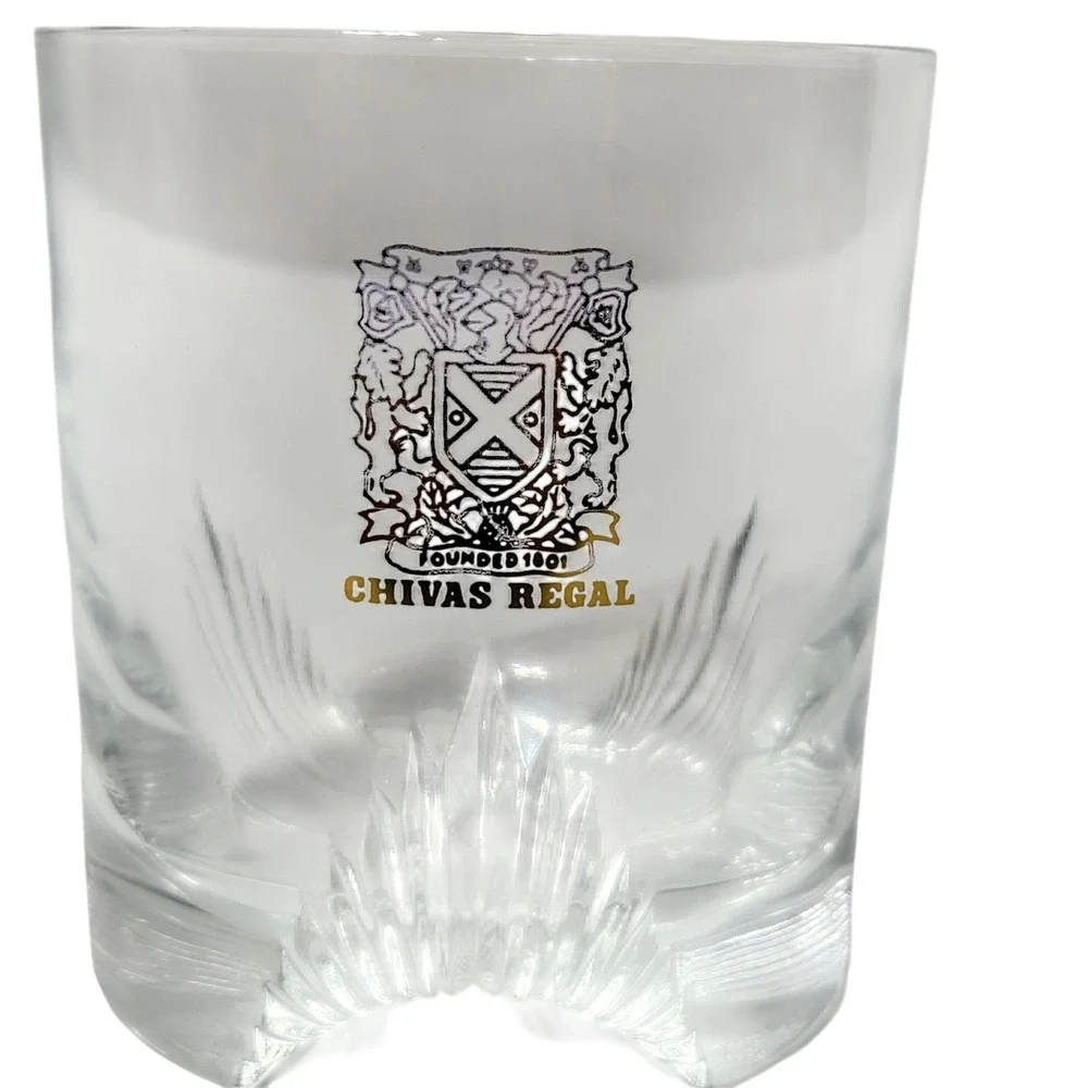Chivas Regal‎ Whiskey Rocks Glass France Heavy Starburst Base Gold Crest Logo